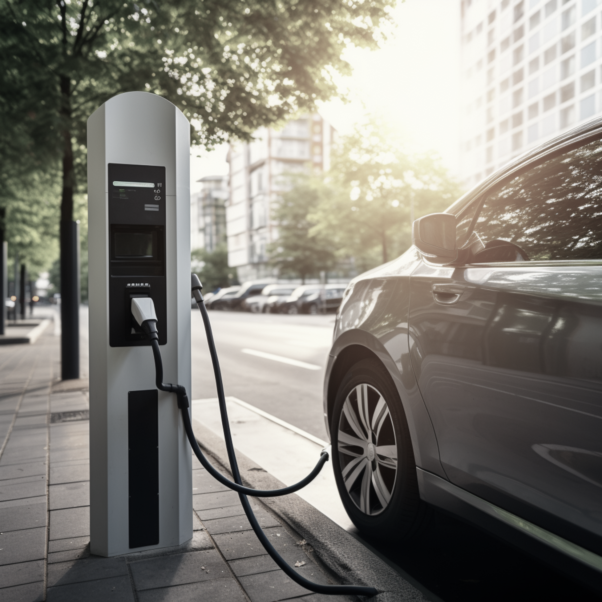 An electric vehicle charging at a Charge pole next to a road