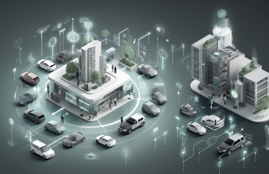 An image showing a modern charging hub with multiple cars and chargers.